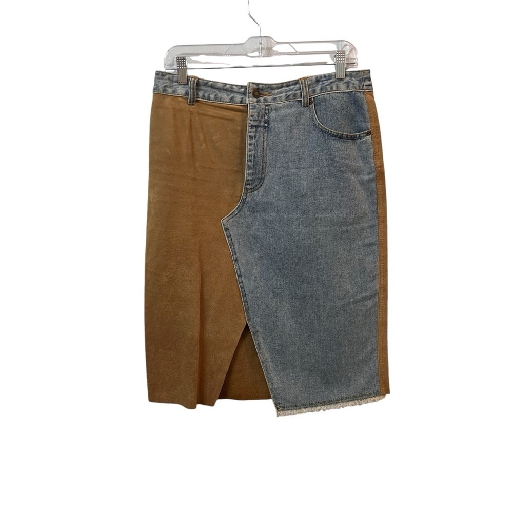 Newport News Jeanology Vintage 90s Denim Leather Midi Skirt